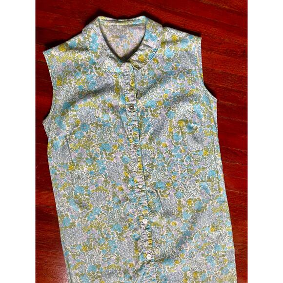 Vintage 60’s Blue White and Green Sleeveless Ditsy Floral Day Dress Sheath Small - Picture 4 of 6